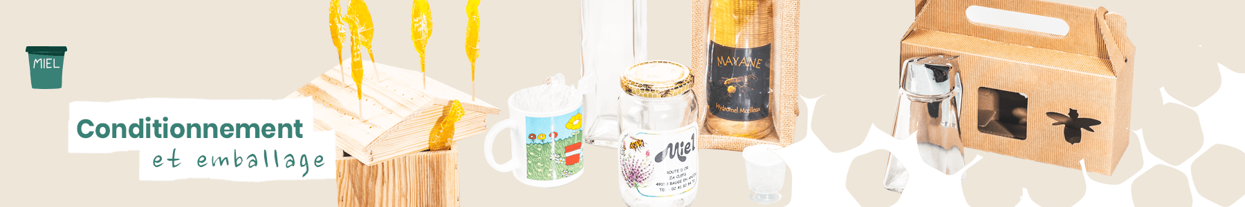 Pots de miel, étiquettes et conditionnement apicole